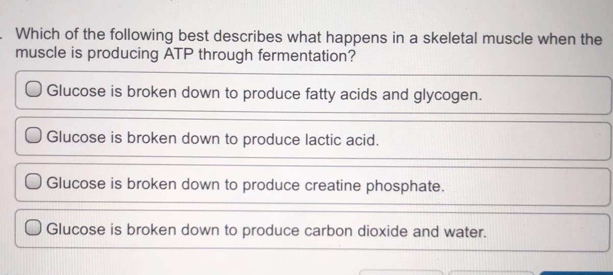 Which of the following best describes what happens in a skeletal muscle when the
muscle is producing ATP through fermentation?
Glucose is broken down to produce fatty acids and glycogen.
Glucose is broken down to produce lactic acid.
Glucose is broken down to produce creatine phosphate.
Glucose is broken down to produce carbon dioxide and water.
