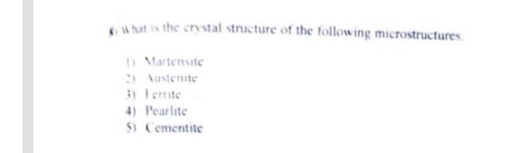 What is the crystal structure of the following microstructures.
1) Martensite
2) Austenite
3) Ferrite
4) Pearlite
5) Cementite