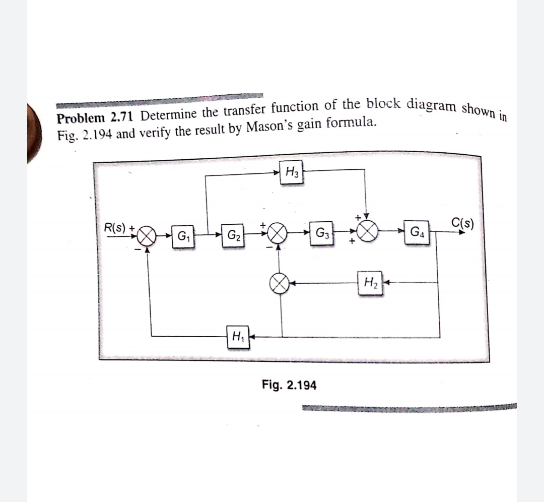 Problem 2.71 Determine the transfer function of the block diagram shown in
Fig. 2.194 and verify the result by Mason's gain formula.
