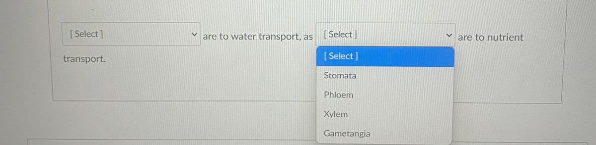 [ Select ]
are to water transport, as [ Select]
are to nutrient
transport.
[ Select ]
Stomata
Phloem
Xylem
Gametangia
<>
