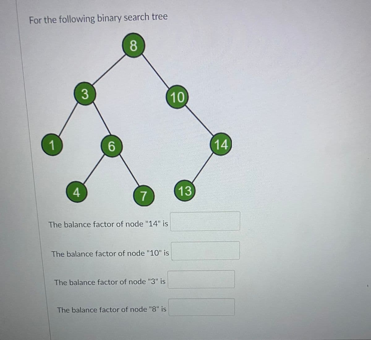 For the following binary search tree
1
4
3
6
8
7
The balance factor of node "14" is
The balance factor of node "10" is
The balance factor of node "3" is
The balance factor of node "8" is
10
13
14