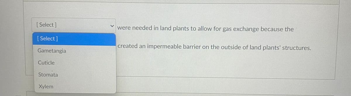 [ Select ]
were needed in land plants to allow for gas exchange because the
[ Select ]
created an impermeable barrier on the outside of land plants' structures.
Gametangia
Cuticle
Stomata
Xylem
