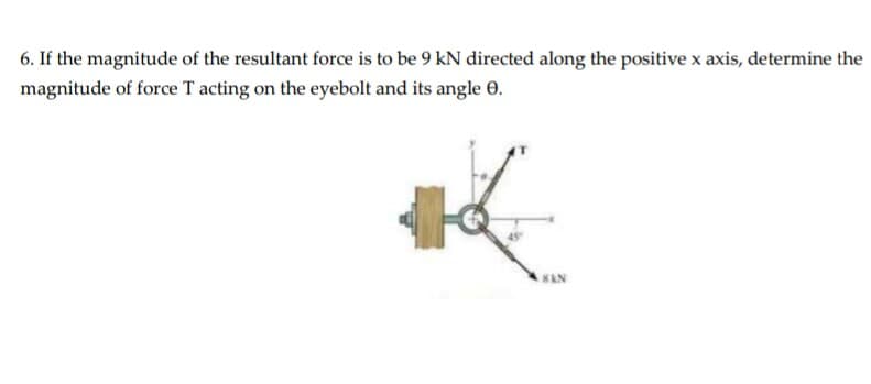 6. If the magnitude of the resultant force is to be 9 kN directed along the positive x axis, determine the
magnitude of force T acting on the eyebolt and its angle 0.
SAN

