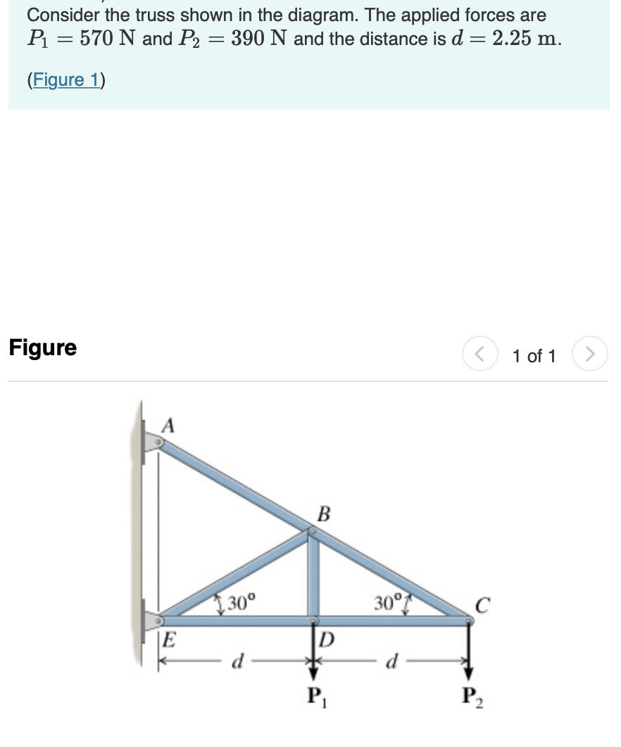 Consider the truss shown in the diagram. The applied forces are
P₁ = 570 N and P2
390 N and the distance is d = 2.25 m.
(Figure 1)
Figure
E
-
30°
B
D
P₁
30°
C
P₂
1 of 1