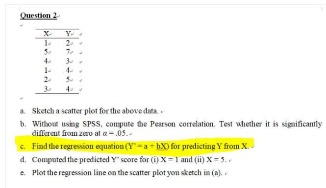 Question 2.
X
1.
5.
2.
4.
4. .
5.
1.
2.
3.
4.
a. Sketch a scatter plot for the above data.
b. Without using SPSS, compute the Pearson correlation. Test whether it is significantly
different from zero at a = .05.
c. Find the regression equation (Y = a + bX) for predicting Y from X..
d. Computed the predicted Y' score for (i) X= 1 and (ii) X= 5..
e. Plot the regression line on the scatter plot you sketch in (a). .
