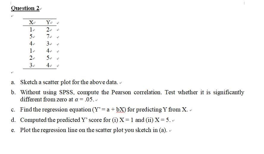 Question 2.
1.
5.
4.
30
4.
2.
50
3.
a. Sketch a scatter plot for the above data.
b. Without using SPSS, compute the Pearson correlation. Test whether it is significantly
different from zero at a = .05.
c. Find the regression equation (Y'= a + bX) for predicting Y from X.
d. Computed the predicted Y' score for (i) X =1 and (ii) X= 5. .
e. Plot the regression line on the scatter plot you sketch in (a). «
