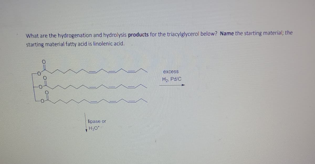 What are the hydrogenation and hydrolysis products for the triacylglycerol below? Name the starting material; the
starting material fatty acid is linolenic acid.
excess
H. Pd/C
lipase or
H,0"
