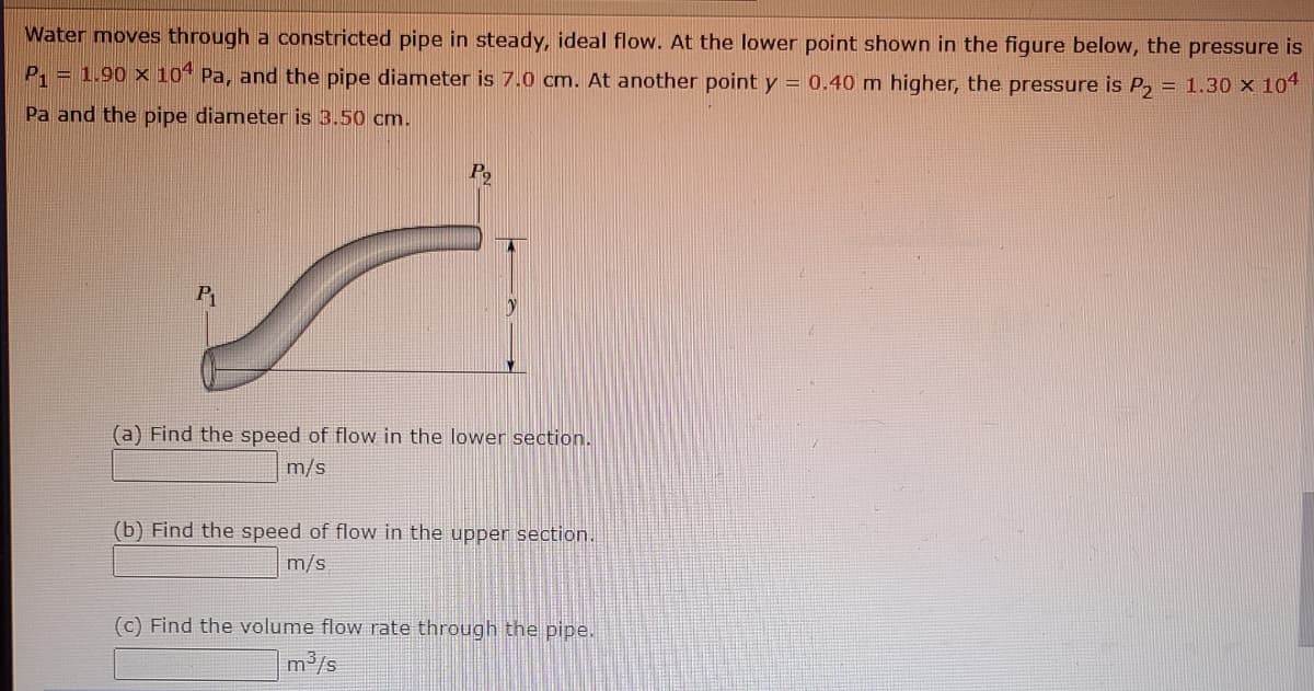 Water moves through a constricted pipe in steady, ideal flow. At the lower point shown in the figure below, the pressure is
P. = 1.90 x 104 Pa, and the pipe diamneter is 7.0 cm. At another point y = 0.40 m higher, the pressure is P,
= 1.30 x 104
Pa and the pipe diameter is 3.50 cm.
Po
(a) Find the speed of flow in the lower section.
m/s
(b) Find the speed of flow in the upper section.
m/s
(c) Find the volume flow rate through the pipe.
m³/s
