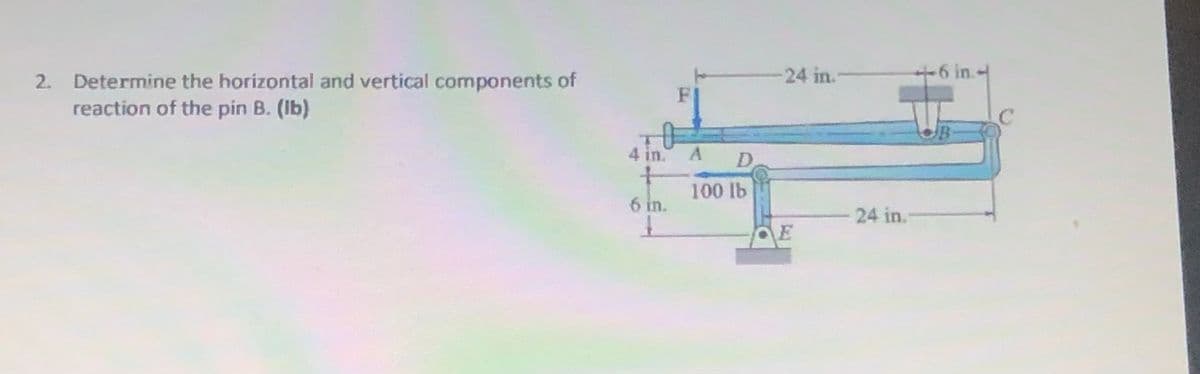 24 in.
-6 in.-
Determine the horizontal and vertical components of
reaction of the pin B. (Ib)
2.
F
4 in.
A.
D.
100 lb
6 in.
24 in.-
