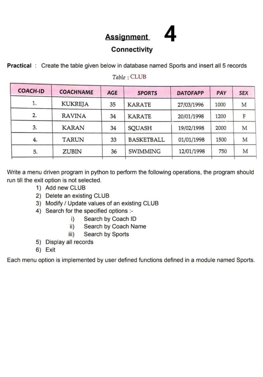 Assignment
Connectivity
Practical : Create the table given below in database named Sports and insert all 5 records
Table : CLUB
COACH-ID
COACHNAME
AGE
SPORTS
DATOFAPP
PAY
SEX
1.
KUKREJA
35
KARATE
27/03/1996
1000
M
2.
RAVINA
34
KARATE
20/01/1998
1200
F
3.
KARAN
34
SQUASH
19/02/1998
2000
M
4.
TARUN
33
BASKETBALL
01/01/1998
1500
M
5.
ZUBIN
36
SWIMMING
12/01/1998
750
M
Write a menu driven program in python to perform the following operations, the program should
run till the exit option is not selected.
1) Add new CLUB
2) Delete an existing CLUB
3) Modify / Update values of an existing CLUB
4) Search for the specified options :-
i)
ii)
ii)
5) Display all records
Search by Coach ID
Search by Coach Name
Search by Sports
6) Exit
Each menu option is implemented by user defined functions defined in a module named Sports.
