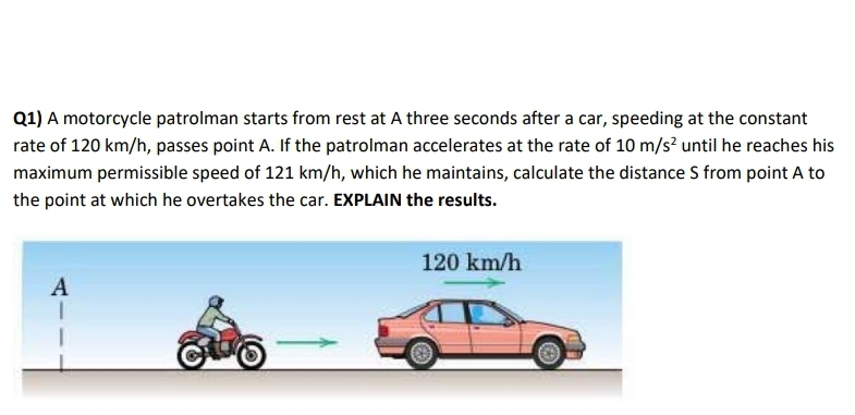 Q1) A motorcycle patrolman starts from rest at A three seconds after a car, speeding at the constant
rate of 120 km/h, passes point A. If the patrolman accelerates at the rate of 10 m/s² until he reaches his
maximum permissible speed of 121 km/h, which he maintains, calculate the distance S from point A to
the point at which he overtakes the car. EXPLAIN the results.
120 km/h
A
