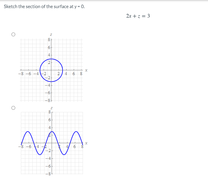 Sketch the section of the surface at y = 0.
2x + z = 3
4
-8 -6 -4
2/4
-2
6 8
-6
-8-
6.
AM
-8 -6
-4-
18-
on
2.
6.

