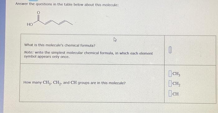 Answer the questions in the table below about this molecule:
HO
What is this molecule's chemical formula?
Note: write the simplest molecular chemical formula, in which each element
symbol appears only once.
How many CH3, CH₂, and CH groups are in this molecule?
0
CH₂
CH₂
CH