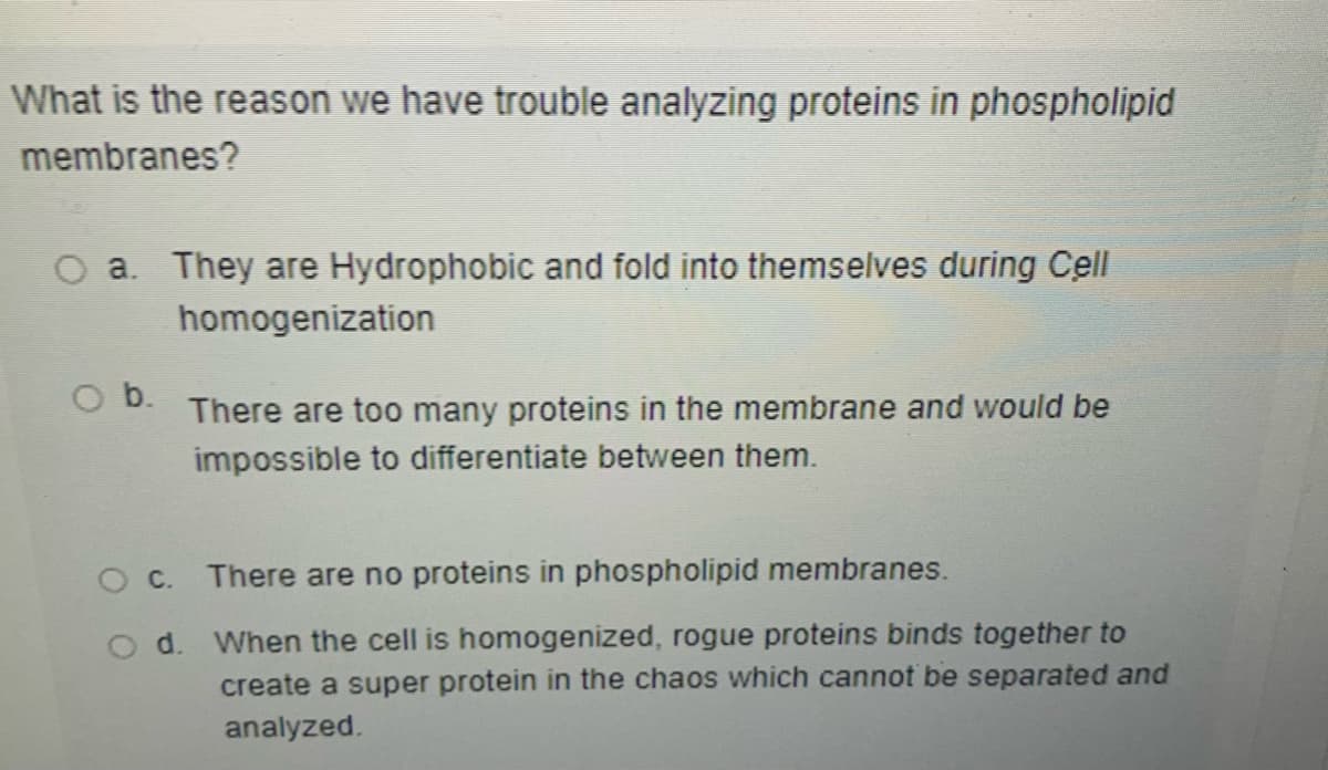 What is the reason we have trouble analyzing proteins in phospholipid
membranes?
a. They are Hydrophobic and fold into themselves during Cell
homogenization
Ob.
There are too many proteins in the membrane and would be
impossible to differentiate between them.
O C.
There are no proteins in phospholipid membranes.
When the cell is homogenized, rogue proteins binds together to
O d.
create a super protein in the chaos which cannot be separated and
analyzed.
