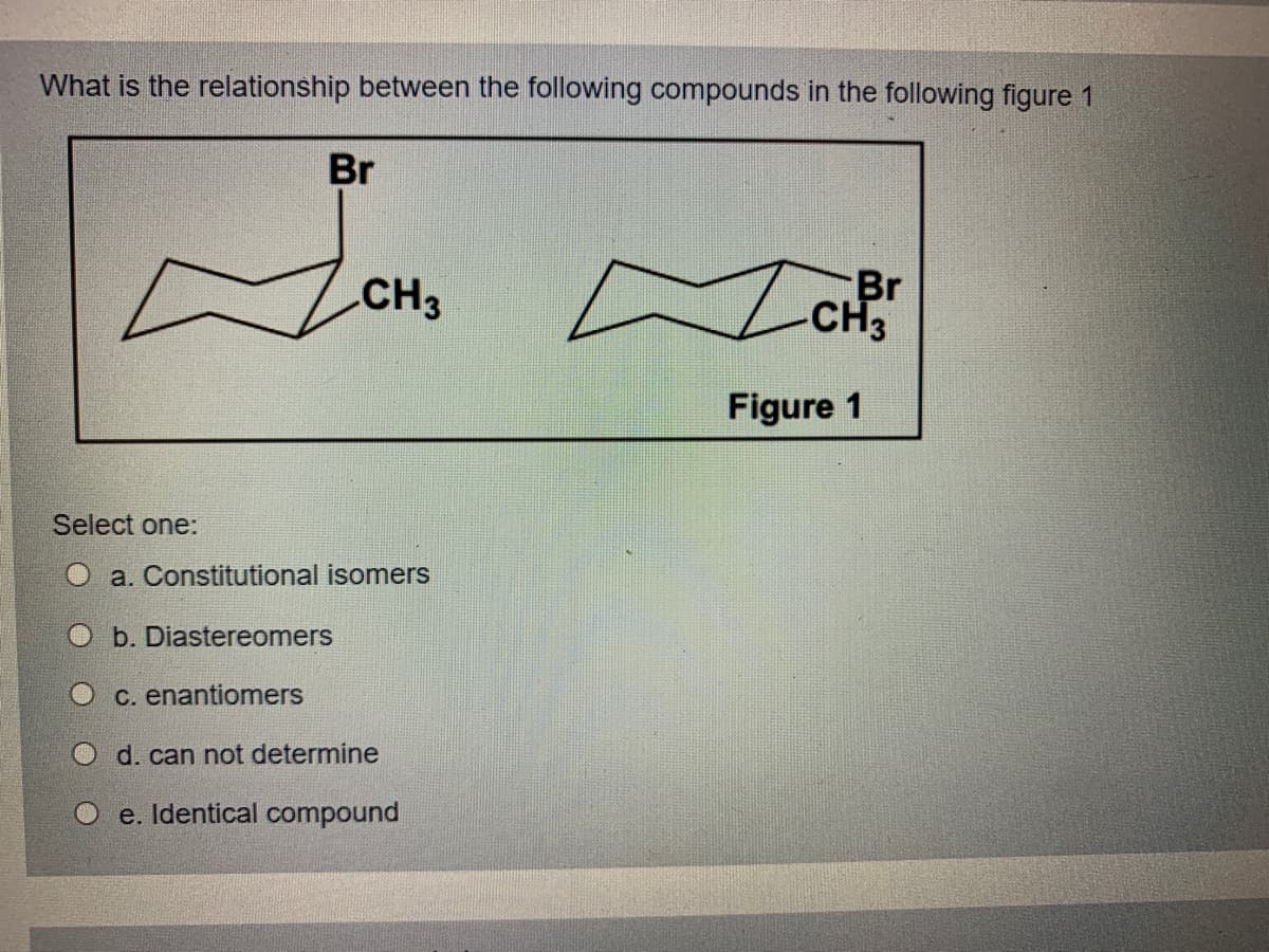 What is the relationship between the following compounds in the following figure 1
Br
CH3
Br
CH3
Figure 1
Select one:
a. Constitutional isomers
O b. Diastereomers
O c. enantiomers
O d. can not determine
e. Identical compound
