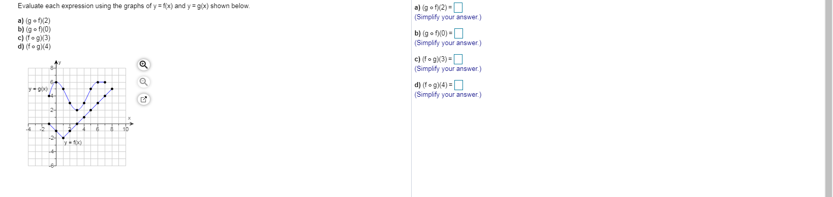 Evaluate each expression using the graphs of y = f(x) and y = g(x) shown below.
a) (g o f)(2) =D
(Simplify your answer.)
a) (g o f)(2)
b) (g o f)(0)
c) (fo g)(3)
d) (fo g)(4)
b) (g o f)(0) =O
(Simplify your answer.)
c) (fo g)(3) =D
(Simplify your answer.)
d) (f o g)(4) =O
(Simplify your answer.)
y- g(x)
16
y = f(x)
