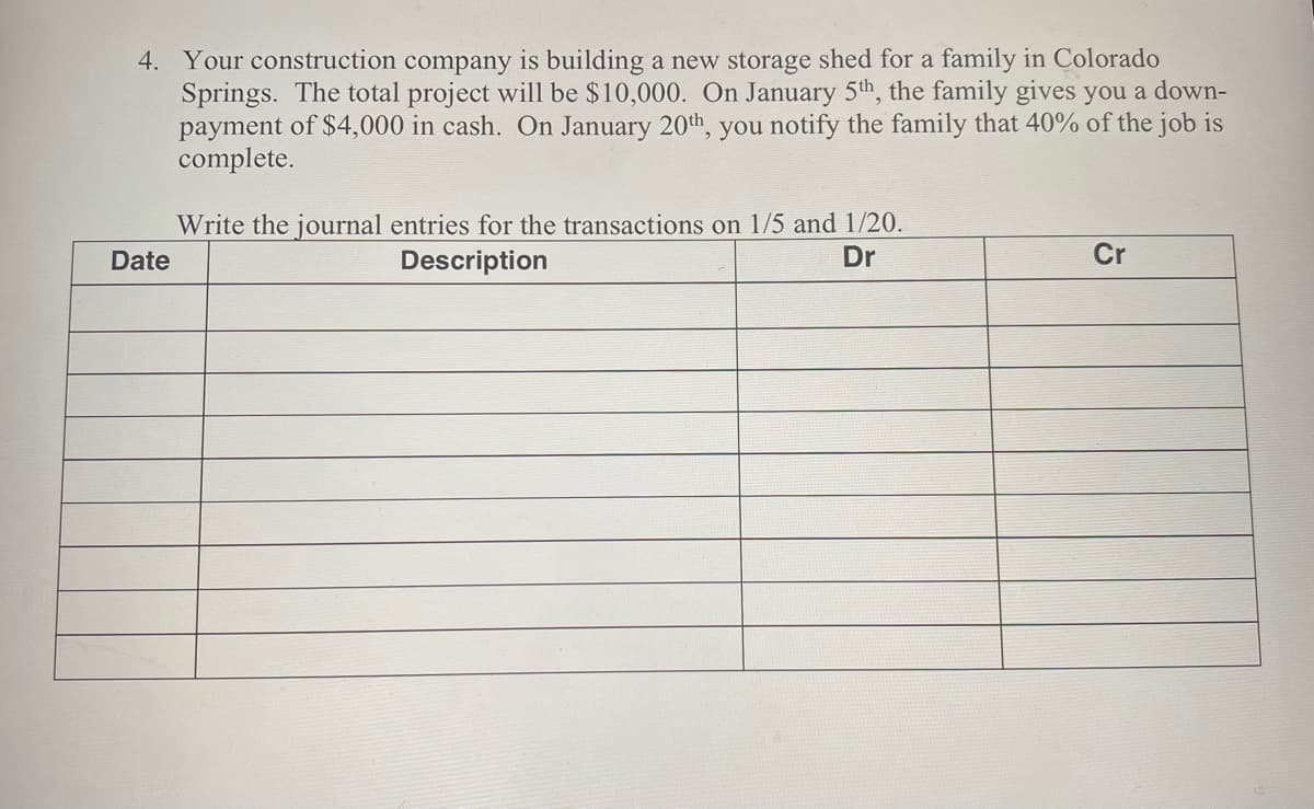 4. Your construction company is building a new storage shed for a family in Colorado
Springs. The total project will be $10,000. On January 5th, the family gives you a down-
payment of $4,000 in cash. On January 20th, you notify the family that 40% of the job is
complete.
Write the journal entries for the transactions on 1/5 and 1/20.
Description
Date
Dr
Cr
