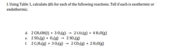 L.Using Table 1, calculate AH for each of the following reactions. Tell if each is exothermic or
endothermic.
d. 2 CH;OH(1) + 3 0:(g) 2 CO:(g) + 4 H;0(g)
e. 2 SO:(g) • 0:(g) 2 S0,(g)
E 2 CH(g) 3 0:(g)
)
→ 2 CO:(g) + 2 H;0(g)
