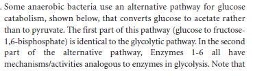 . Some anaerobic bacteria use an alternative pathway for glucose
catabolism, shown below, that converts glucose to acetate rather
than to pyruvate. The first part of this pathway (glucose to fructose-
1,6-bisphosphate) is identical to the glycolytic pathway. In the second
part of the alternative pathway, Enzymes 1-6 all have
mechanisms/activities analogous to enzymes in glycolysis. Note that
