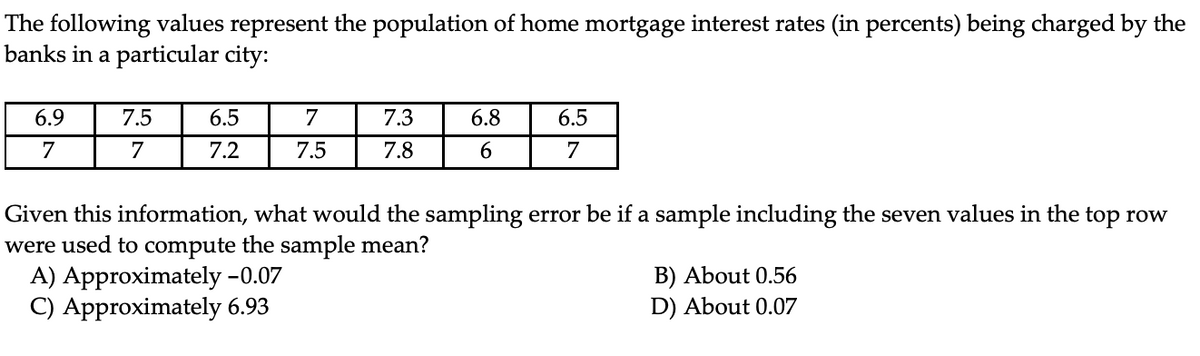 The following values represent the population of home mortgage interest rates (in percents) being charged by the
banks in a particular city:
6.9
7.5
6.5
7
7.3
6.8
6.5
7
7
7.2
7.5
7.8
6.
7
Given this information, what would the sampling error be if a sample including the seven values in the top row
were used to compute the sample mean?
A) Approximately -0.07
C) Approximately 6.93
B) About 0.56
D) About 0.07
