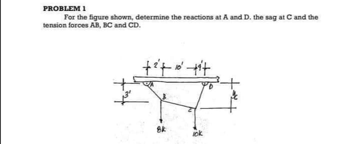 PROBLEM 1
For the figure shown, determine the reactions at A and D. the sag at C and the
tension forces AB, BC and CD.
+²+10² +²+
JA
H
8k
lok