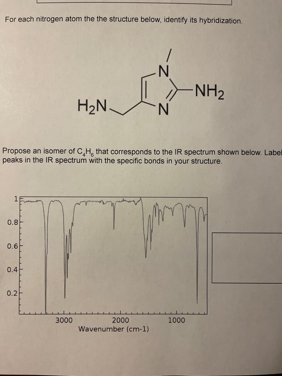 For each nitrogen atom the the structure below, identify its hybridization.
-NH2
N.
H2N.
Propose an isomer of C,H, that corresponds to the IR spectrum shown below. Label
peaks in the IR spectrum with the specific bonds in your structure.
0.8
0.6
0.4
0.2
3000
2000
1000
Wavenumber (cm-1)
1.
