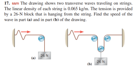 17. ssm The drawing shows two transverse waves traveling on strings.
The linear density of each string is 0.065 kg/m. The tension is provided
by a 26-N block that is hanging from the string. Find the speed of the
wave in part (a) and in part (b) of the drawing.
26 N
(a)
26 N
(b)
