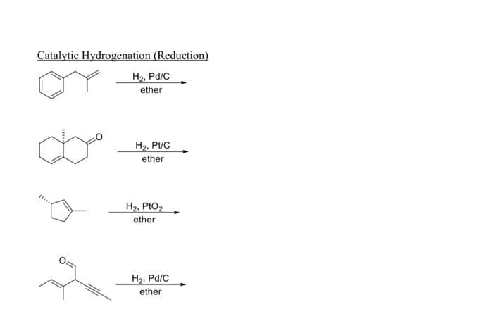 Catalytic Hydrogenation (Reduction)
H2, Pd/C
ether
H2, Pt/C
ether
H2. PtO2
ether
H2. Pd/C
ether
