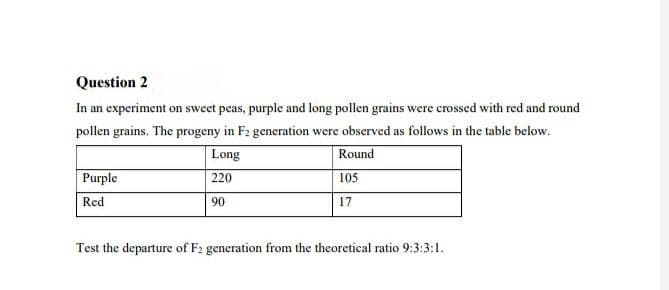 Question 2
In an experiment on sweet peas, purple and long pollen grains were crossed with red and round
pollen grains. The progeny in F2 generation were observed as follows in the table below.
Long
Round
Purple
220
105
Red
90
17
Test the departure of F2 generation from the theoretical ratio 9:3:3:1.
