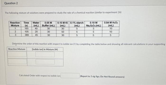 Question 2
The following mixture of solutions were prepared to study the rate of a chemical reaction (similar to experiment 26)
0.05 M
0.10 M KI 0.1% starch
0.84 M H₂O₂
Reaction Time Water
Mixture (6)
(mL)
Buffer (mL)
(mL)
0.10 M
Na,S.O₂ (mL)
(ml)
(mL)
5
1
185
40
30
30
5
10
2
105
20
30
50
5
5
10
3
389
45
30
30
5
5
5
Determine the order of this reaction with respect to iodide ion (1) by completing the table below and showing all relevant calculations in your supporting
Reaction Mixture [lodide ion] in Mixture (M)
Calculated Order with respect to lodide ion:
(Report to 3 sig figs: Do Not Round answers)