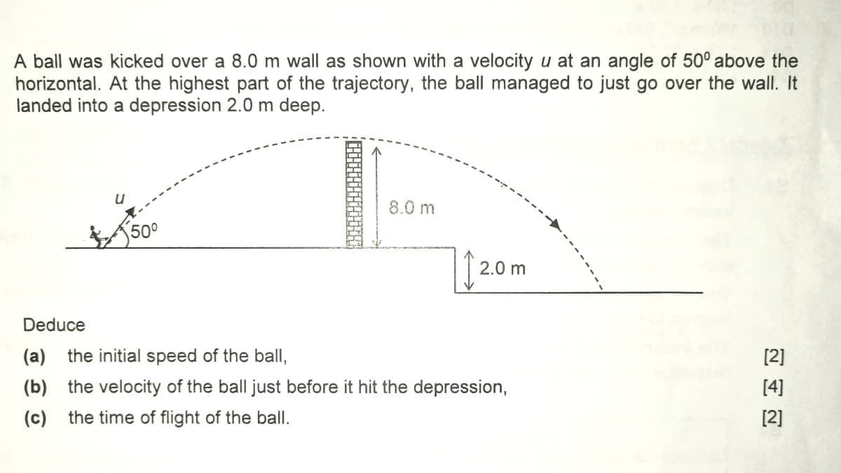 A ball was kicked over a 8.0 m wall as shown with a velocity u at an angle of 50° above the
horizontal. At the highest part of the trajectory, the ball managed to just go over the wall. It
landed into a depression 2.0 m deep.
8.0 m
500
2.0 m
De
(a)
the initial speed of the ball,
[2]
(b)
the velocity of the ball just before it hit the depression,
[4]
(c)
the time of flight of the ball.
[2]
