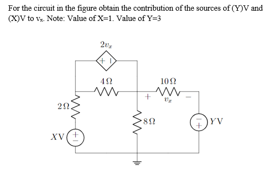 For the circuit in the figure obtain the contribution of the sources of (Y)V and
(X)V to vz. Note: Value of X=1. Value of Y=3
10Ω
20.
XV(+
