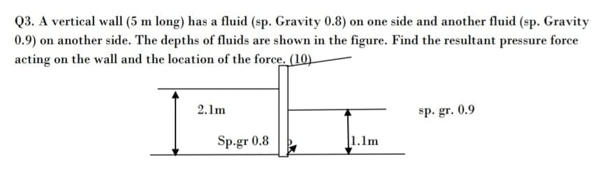 Q3. A vertical wall (5 m long) has a fluid (sp. Gravity 0.8) on one side and another fluid (sp. Gravity
0.9) on another side. The depths of fluids are shown in the figure. Find the resultant pressure force
acting on the wall and the location of the force. (10)
2.1m
sp. gr. 0.9
Sp.gr 0.8
1.1m
