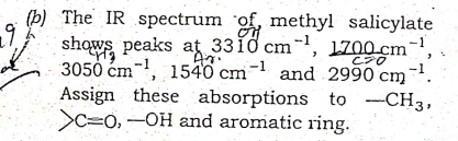 (b) The IR spectrum of, methyl salicylate
shows peaks at 3310 cm-, 1700 cm-1,
3050 čm-, 1540 cm- and 2990 cm¯.
Assign these absorptions to -CH3,
>C=0, -OH and aromatic ring.
C20
