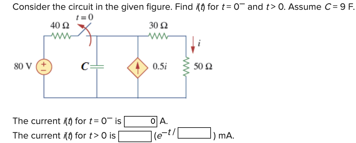 Consider the circuit in the given figure. Find ¡(t) for t= 0¯ and t> 0. Assume C = 9 F.
t=0
40 92
30 92
80 V (+
C:
The current i(t) for t=0 is
The current i(t) for t> 0 is
40.5i
O A.
(e-t/
50 92
) mA.