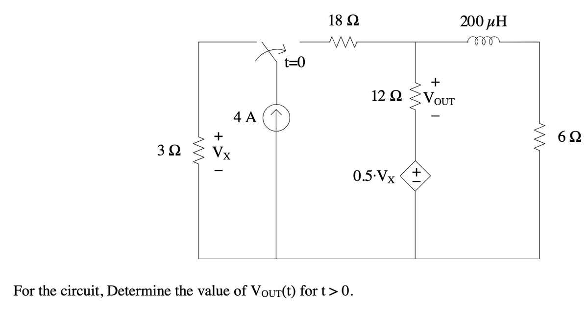 3Ω
Μ
+
Vx
4 A
t=0
18 Ω
For the circuit, Determine the value of Vour(t) for t > 0.
12 Ω
0.5·Vx +
+
VOUT
200 μΗ
mo
M
6Ω