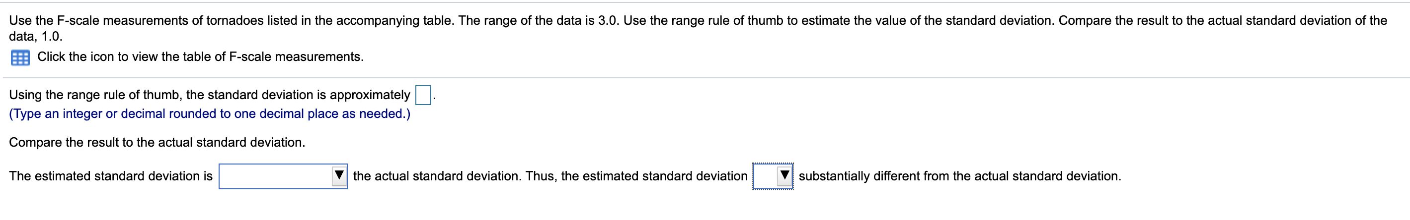 Use the F-scale measurements of tornadoes listed in the accompanying table. The range of the data is 3.0. Use the range rule of thumb to estimate the value of the standard deviation. Compare the result to the actual standard deviation of the
data, 1.0.
Click the icon to view the table of F-scale measurements.
Using the range rule of thumb, the standard deviation is approximately
(Type an integer or decimal rounded to one decimal place as needed.)
Compare the result to the actual standard deviation.
substantially different from the actual standard deviation.
The estimated standard deviation is
the actual standard deviation. Thus, the estimated standard deviation
