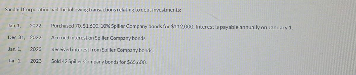 Sandhill Corporation had the following transactions relating to debt investments:
2022
Purchased 70, $1,600, 10% Spiller Company bonds for $112,000. Interest is payable annually on January 1.
Jan. 1,
Dec. 31, 2022
Accrued interest on Spiller Company bonds.
Jan. 1,
2023
Received interest from Spiller Company bonds.
Jan. 1,
2023
Sold 42 Spiller Company bonds for $65,600.
