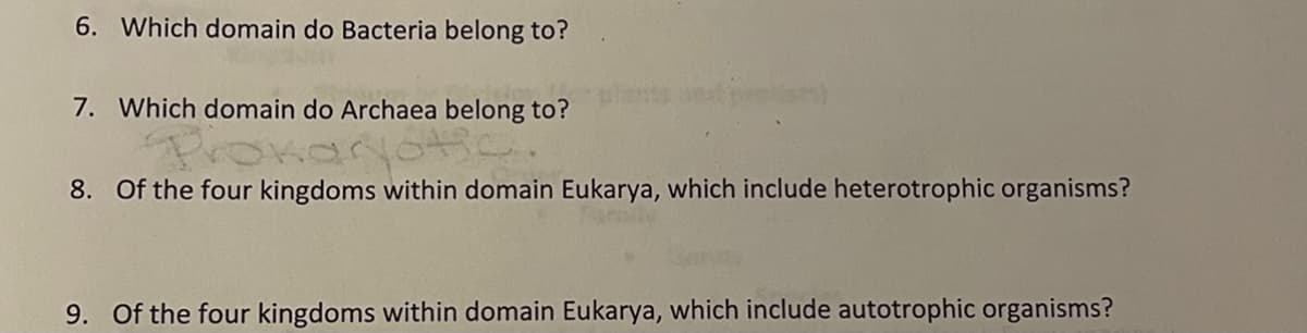 6. Which domain do Bacteria belong to?
7. Which domain do Archaea belong to?
8. Of the four kingdoms within domain Eukarya, which include heterotrophic organisms?
9. Of the four kingdoms within domain Eukarya, which include autotrophic organisms?
