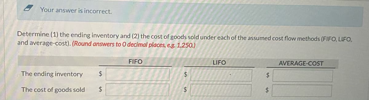 Your answer is incorrect.
Determine (1) the ending inventory and (2) the cost of goods sold under each of the assumed cost flow methods (FIFO, LIFO,
and average-cost). (Round answers to O decimal places, e.g. 1,250.)
FIFO
LIFO
AVERAGE-COST
The ending inventory
$4
24
24
The cost of goods sold
24
2$
