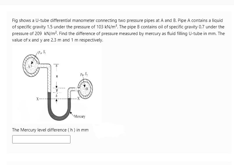 Fig shows a U-tube differential manometer connecting two pressure pipes at A and B. Pipe A contains a liquid
of specific gravity 1.5 under the pressure of 103 kN/m². The pipe B contains oil of specific gravity 0.7 under the
pressure of 209 kN/m². Find the difference of pressure measured by mercury as fluid filling U-tube in mm. The
value of x and y are 2.3 m and 1 m respectively.
Pa S₂
X
Mercury
The Mercury level difference (h) in mm