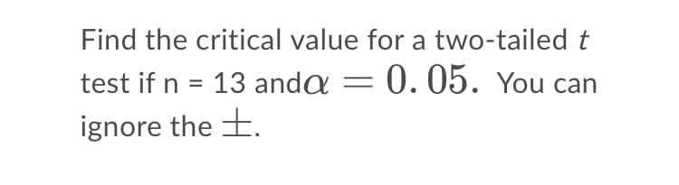 Find the critical value
test if n = 13 anda
ignore the .
for a two-tailed t
0.05. You can