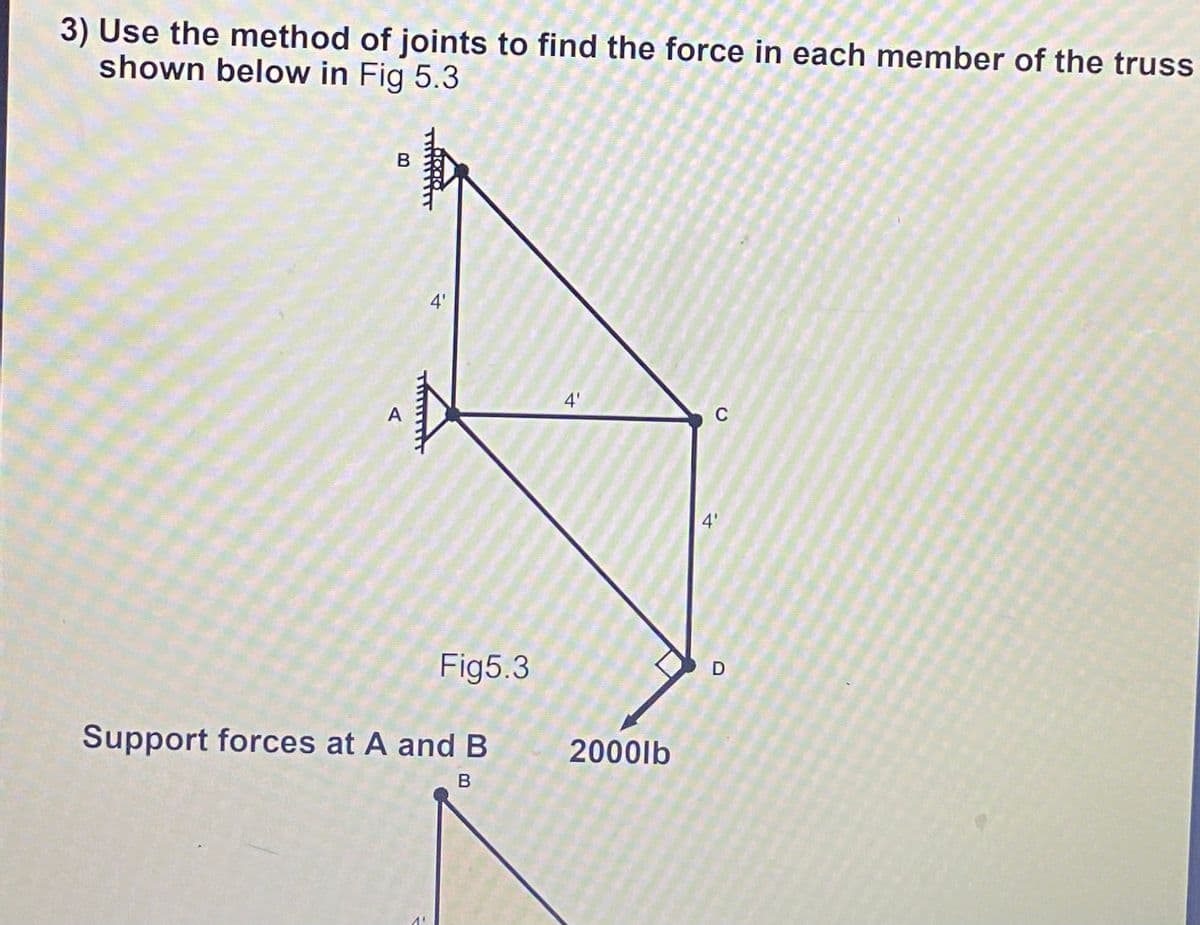 3) Use the method of joints to find the force in each member of the truss
shown below in Fig 5.3
B
A
4'
Fig5.3
Support forces at A and B
B
1'
4'
2000lb
C
4'
D