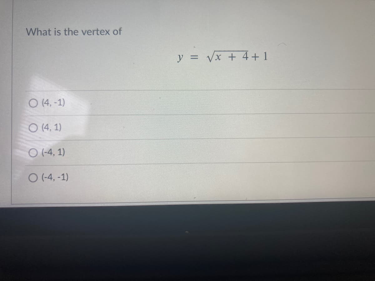 What is the vertex of
y = Vx + 4+1
O (4, -1)
O (4, 1)
O (-4, 1)
O (-4, -1)
