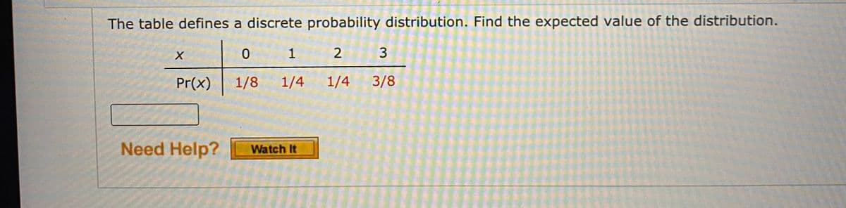 The table defines a discrete probability distribution. Find the expected value of the distribution.
1
Pr(x)
1/8
1/4
1/4
3/8
Need Help?
Watch It
