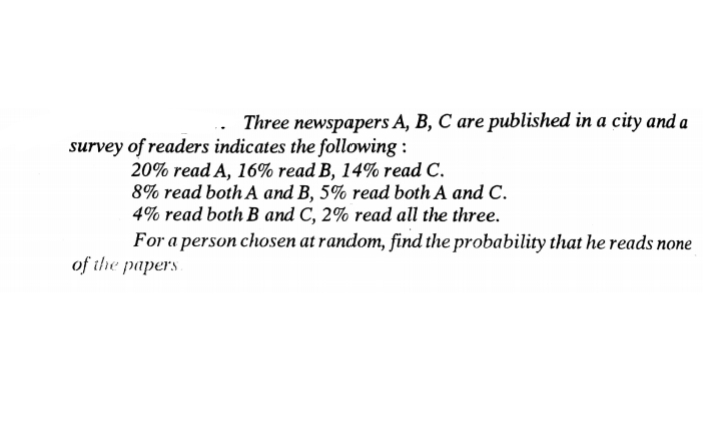 Three newspapers A, B, C are published in a city and a
survey of readers indicates the following :
20% read A, 16% read B, 14% read C.
8% read both A and B, 5% read both A and C.
4% read both B and C, 2% read all the three.
For a person chosen at random, find the probability that he reads none
of the papers
