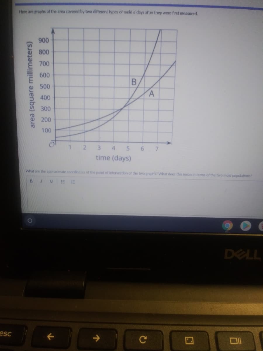 Here are graphs of the area covered by two different types of mold d days after they were first measured.
900
800
700
600
500
400
300
200
100
1.
2.
3
4 5
time (days)
What are the approximate coordinates of the point of intersection of the two graphs? What does this mean in terms of the two mold populations?
B.
E E
DELL
esc
area (square millimeters)
B.
