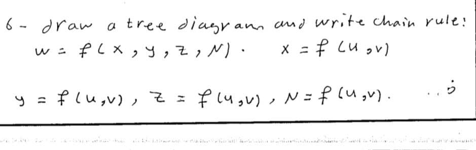 6 - draw a tree diagr ann aud write chain rule!
w= f(X,y,z,N).
x =f Lu v)
ニ
ら
y = flu,v) ,2=fl4,v), N= f (u,v)
).
nui. ni i ..

