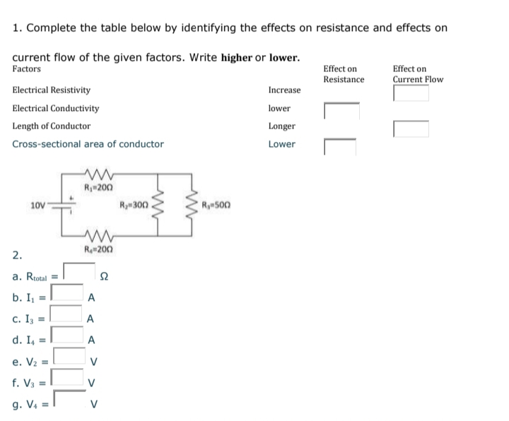 1. Complete the table below by identifying the effects on resistance and effects on
current flow of the given factors. Write higher or lower.
Factors
Effect on
Resistance
Effect on
Current Flow
Electrical Resistivity
Increase
Electrical Conductivity
lower
Length of Conductor
Longer
Cross-sectional area of conductor
Lower
R#200
10V
Ryn300
Rye500
Re200
a. Rtotal =
b. I
A
c. Iz =
A
d. I, = |
A
e. V2 =
f. V3 =
V
g. V, =
V
2.
