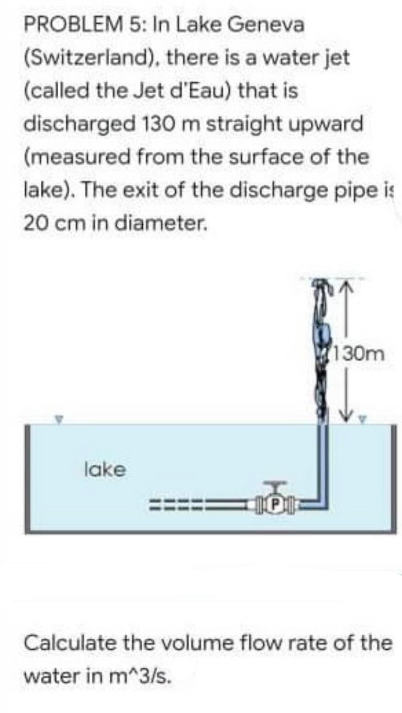 PROBLEM 5: In Lake Geneva
(Switzerland), there is a water jet
(called the Jet d'Eau) that is
discharged 130 m straight upward
(measured from the surface of the
lake). The exit of the discharge pipe is
20 cm in diameter.
130m
lake
Calculate the volume flow rate of the
water in m^3/s.
